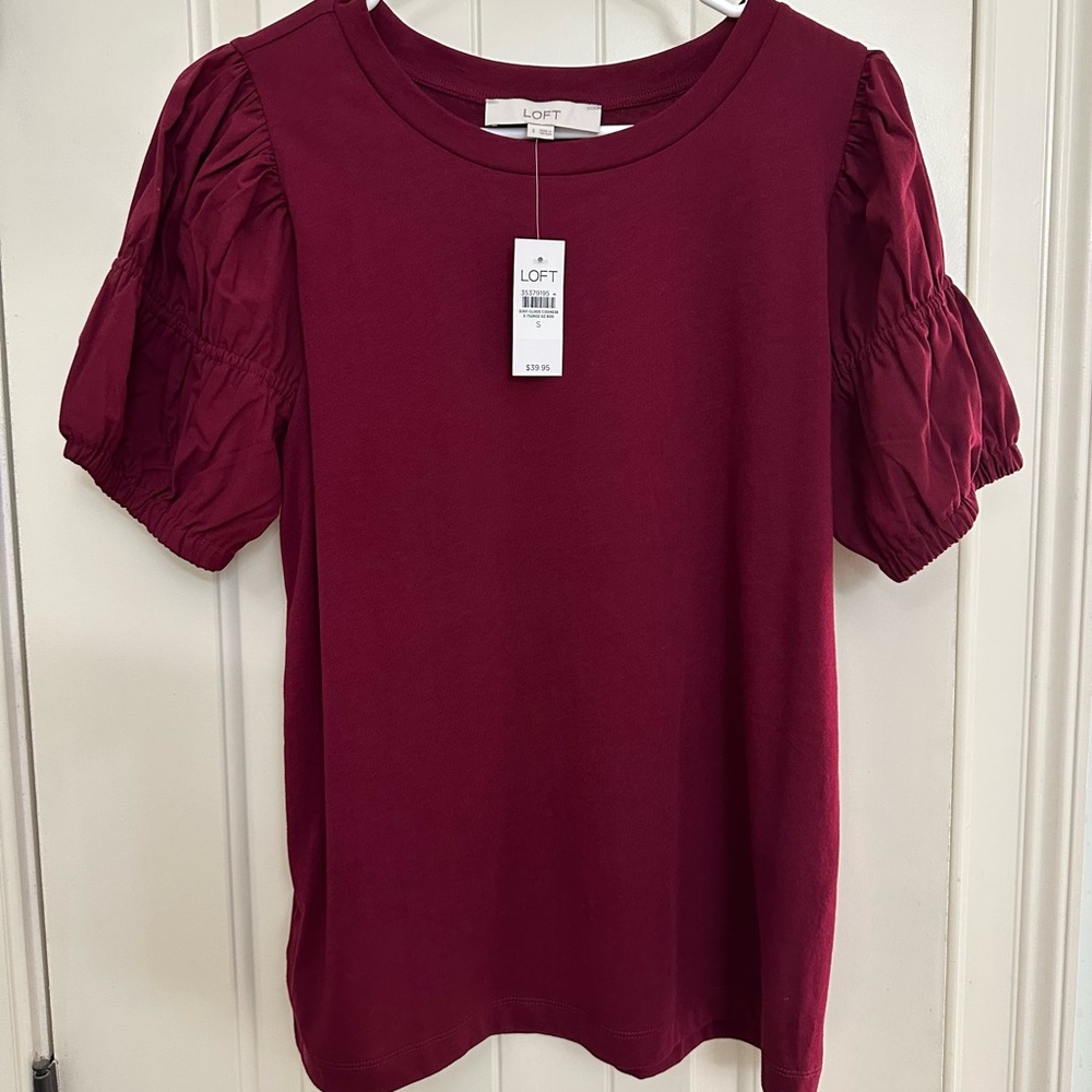 LOFT Burgundy Puff Sleeve Crewneck Tee